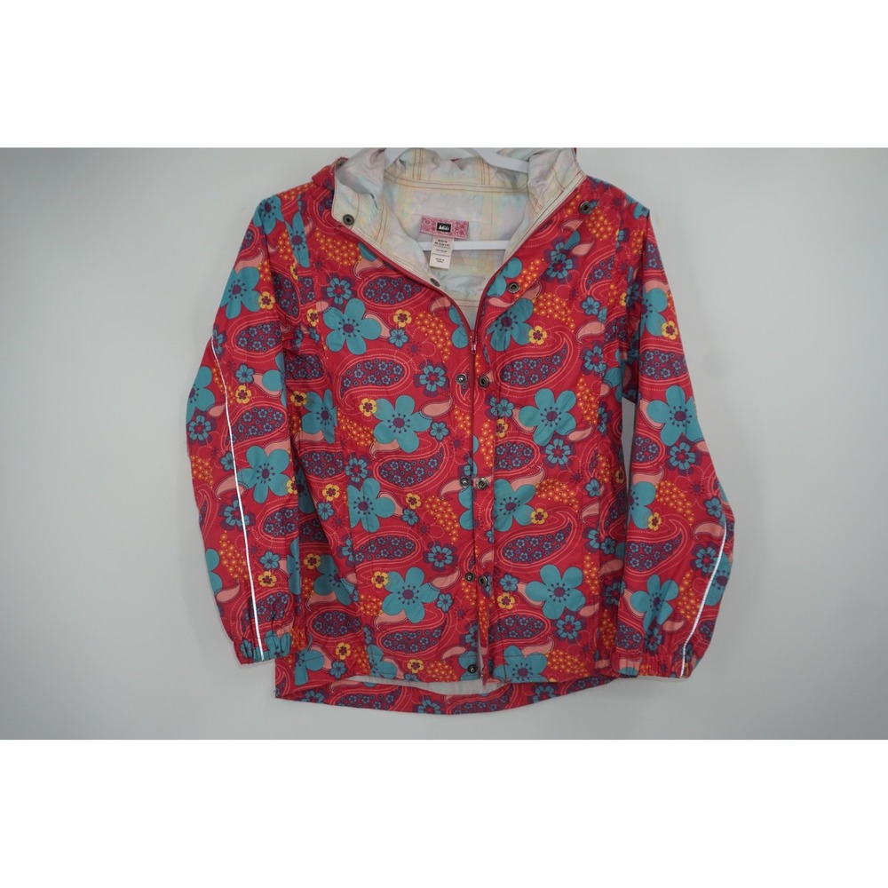 REI Jacket Girls Medium 10/12 Red Floral Paisley Hooded Nylon Raincoat‎
